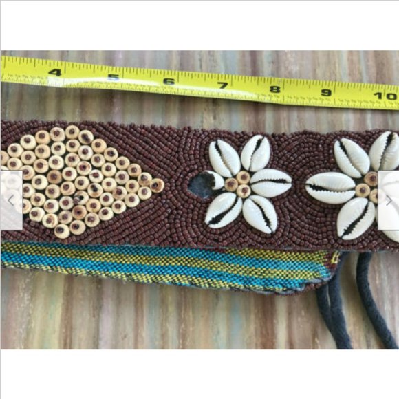 Guatemala Tie-on Belt Beaded & Cowrie Shells Design Flower Pattern Boho Beach - Picture 6 of 7